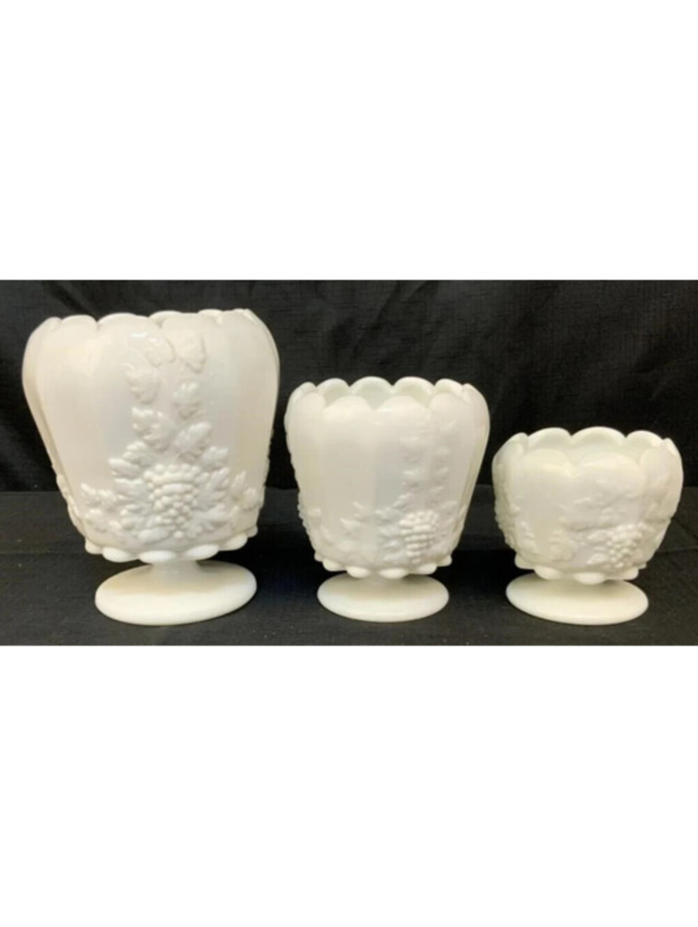 Westmoreland Milk Glass Grape Pattern Footed Planter Set of 3 Graduated Sizes